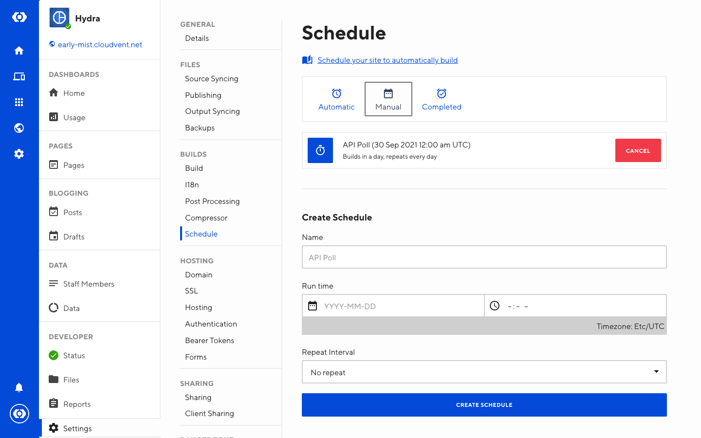 Manual Builds Schedule interface