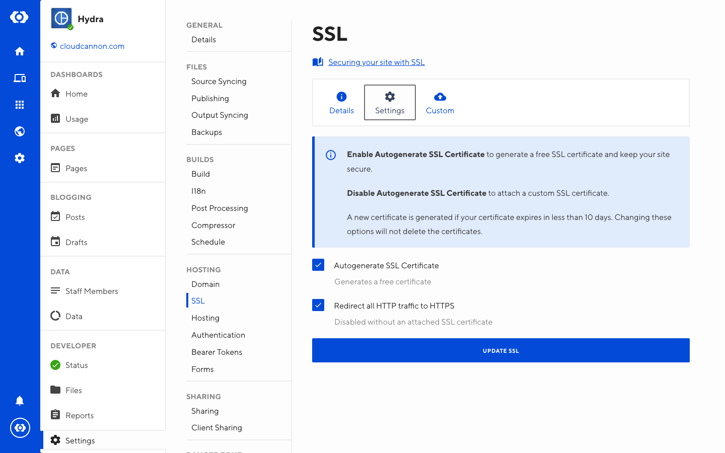 Screenshot of SSL Settings interface