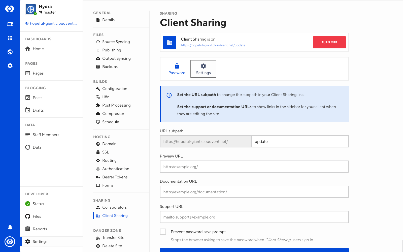 Screenshot of Client Sharing settings interface